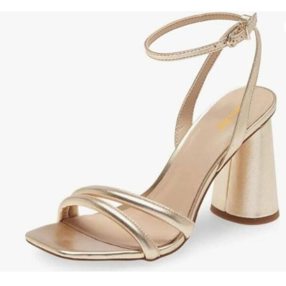 Miss left Gold Squared Toe Strappy Sandals Chunky High Heel Versatile Shoes